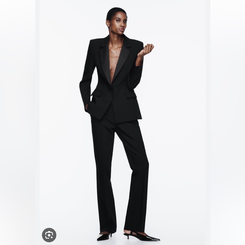 Minimalist Zara black suit with satin trim/lapels.